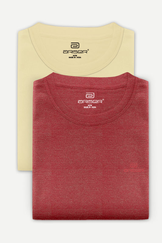 Round Neck - Coral Peach and Red Melange Solid T-Shirt Pack Of 2 Combo For Men | Ariser