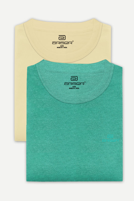 Round Neck - Coral Peach and Light Green Solid T-Shirt Pack Of 2 Combo For Men | Ariser