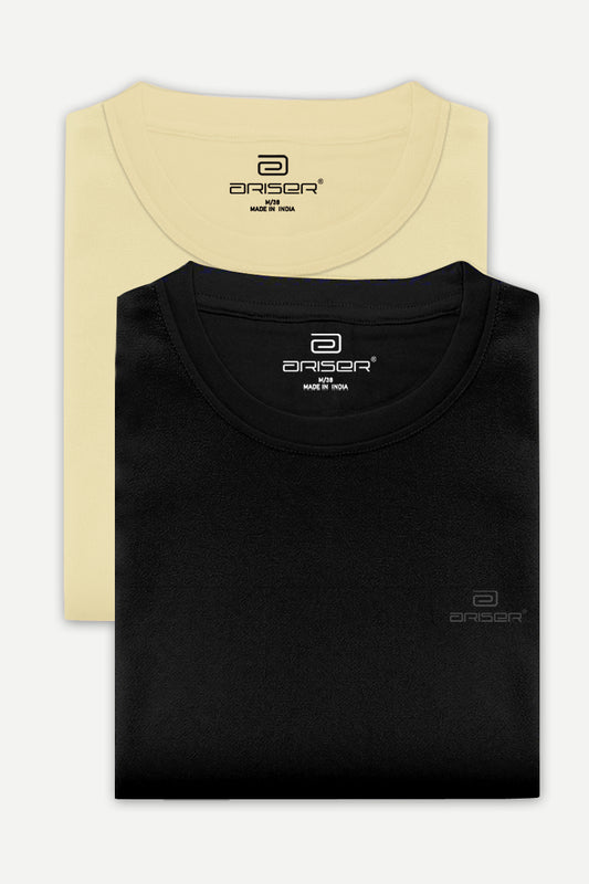 Round Neck - Coral Peach and Black Solid T-Shirt Pack Of 2 Combo For Men | Ariser