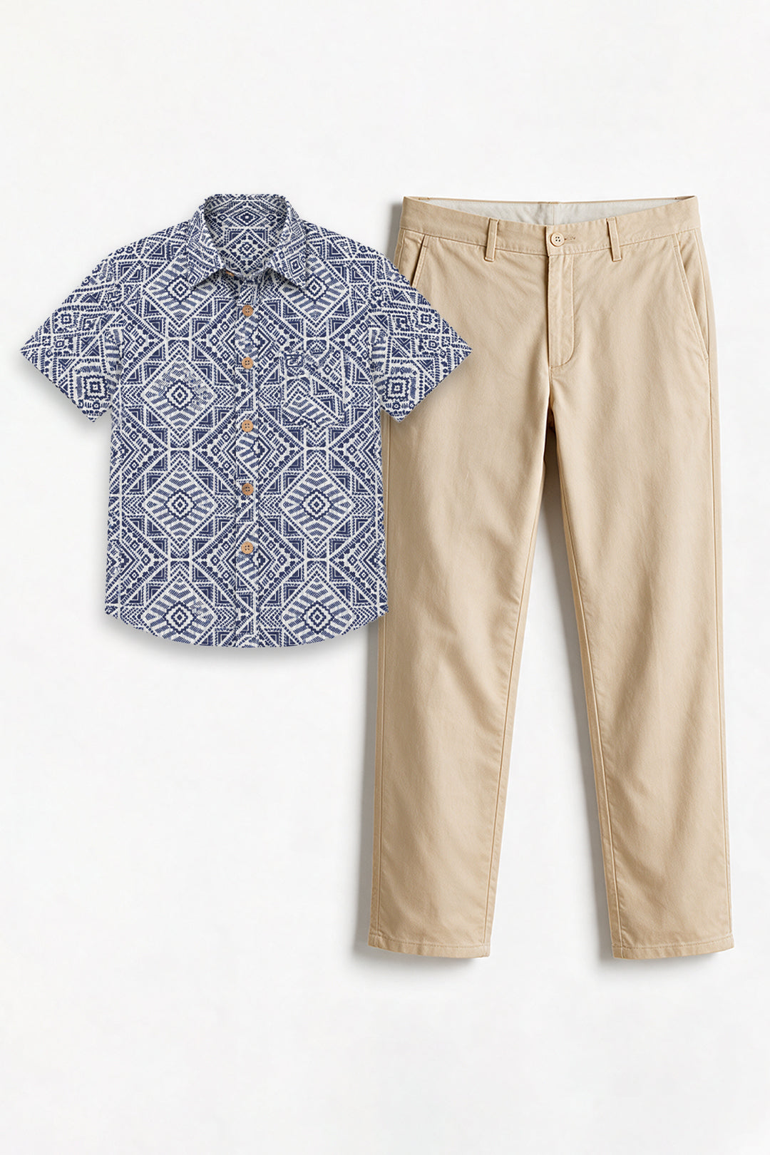 A two-piece kids' outfit set featuring a short-sleeve button-up shirt with a blue and white geometric pattern, paired with straight-leg beige chino pants, laid flat on a white background.