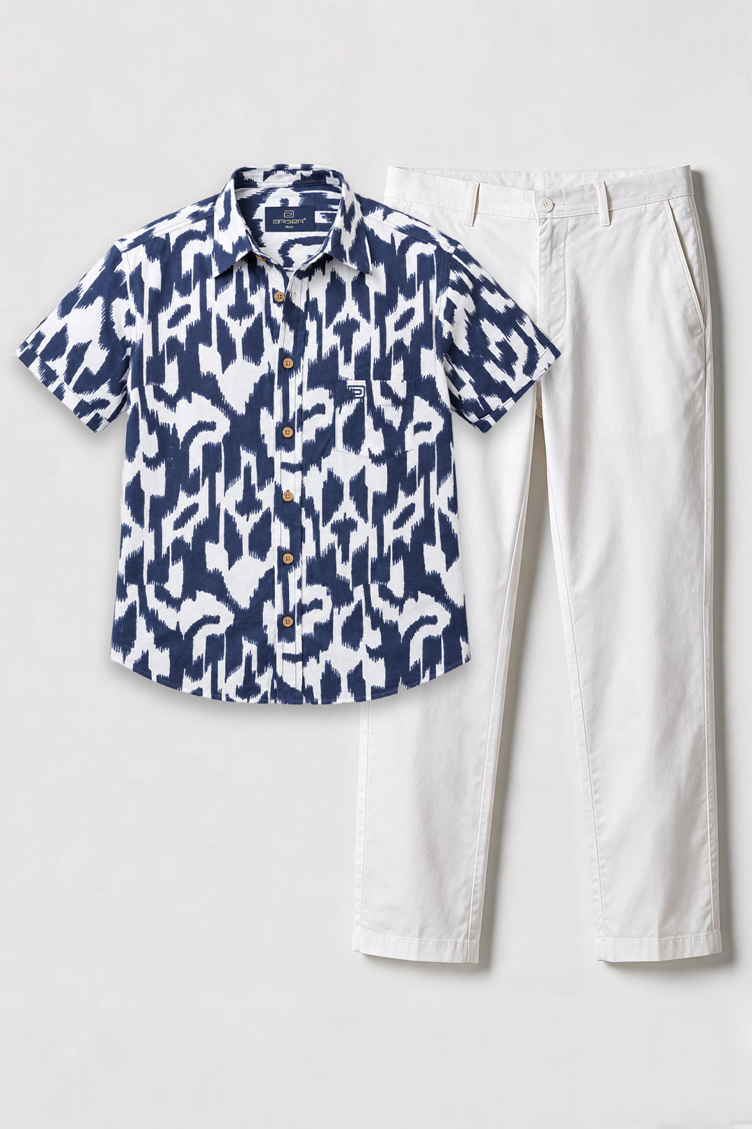 navy blue shirt and white trouser combo