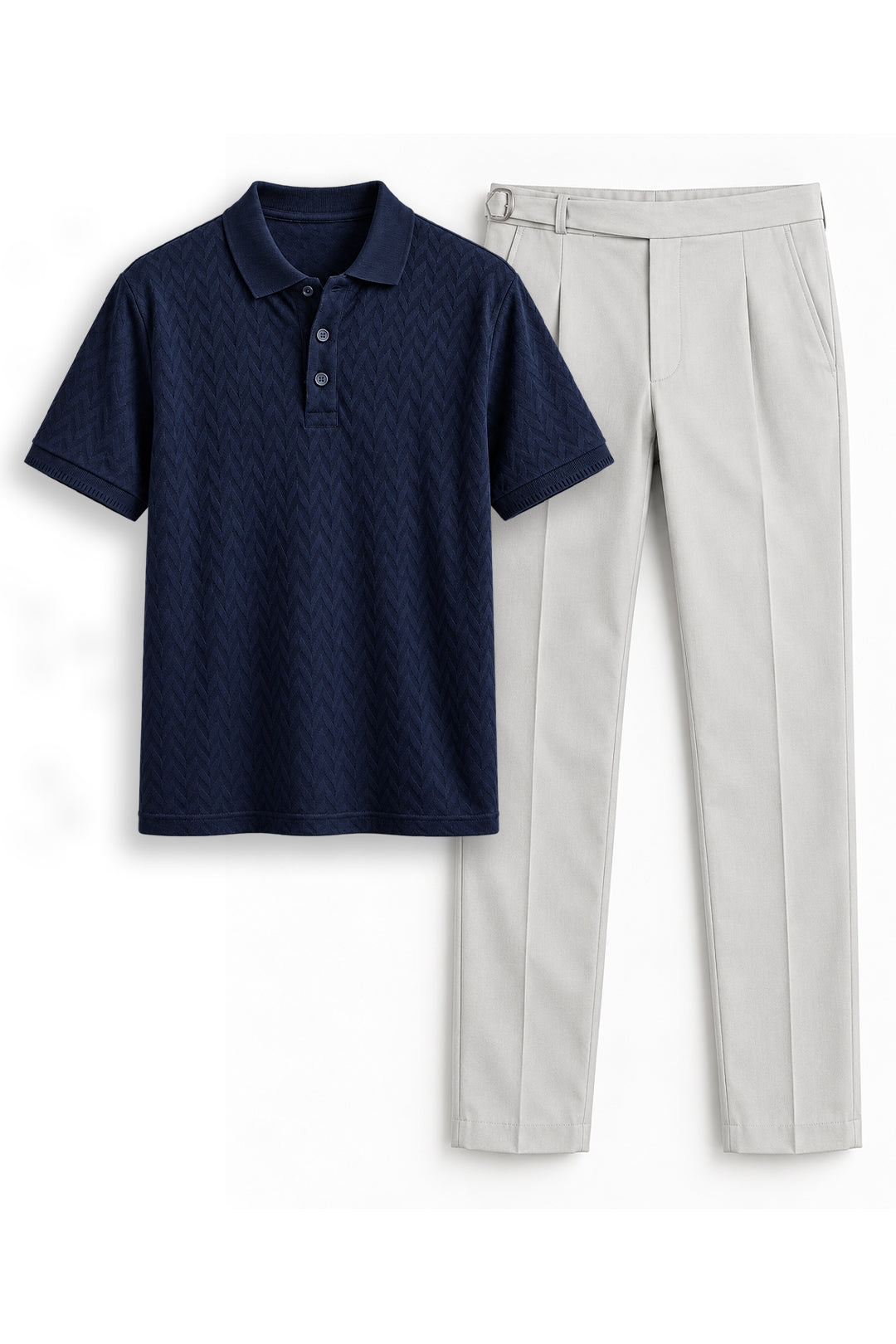 Men's Deep Blue Fashion Polo and Off White Trouser Combo.