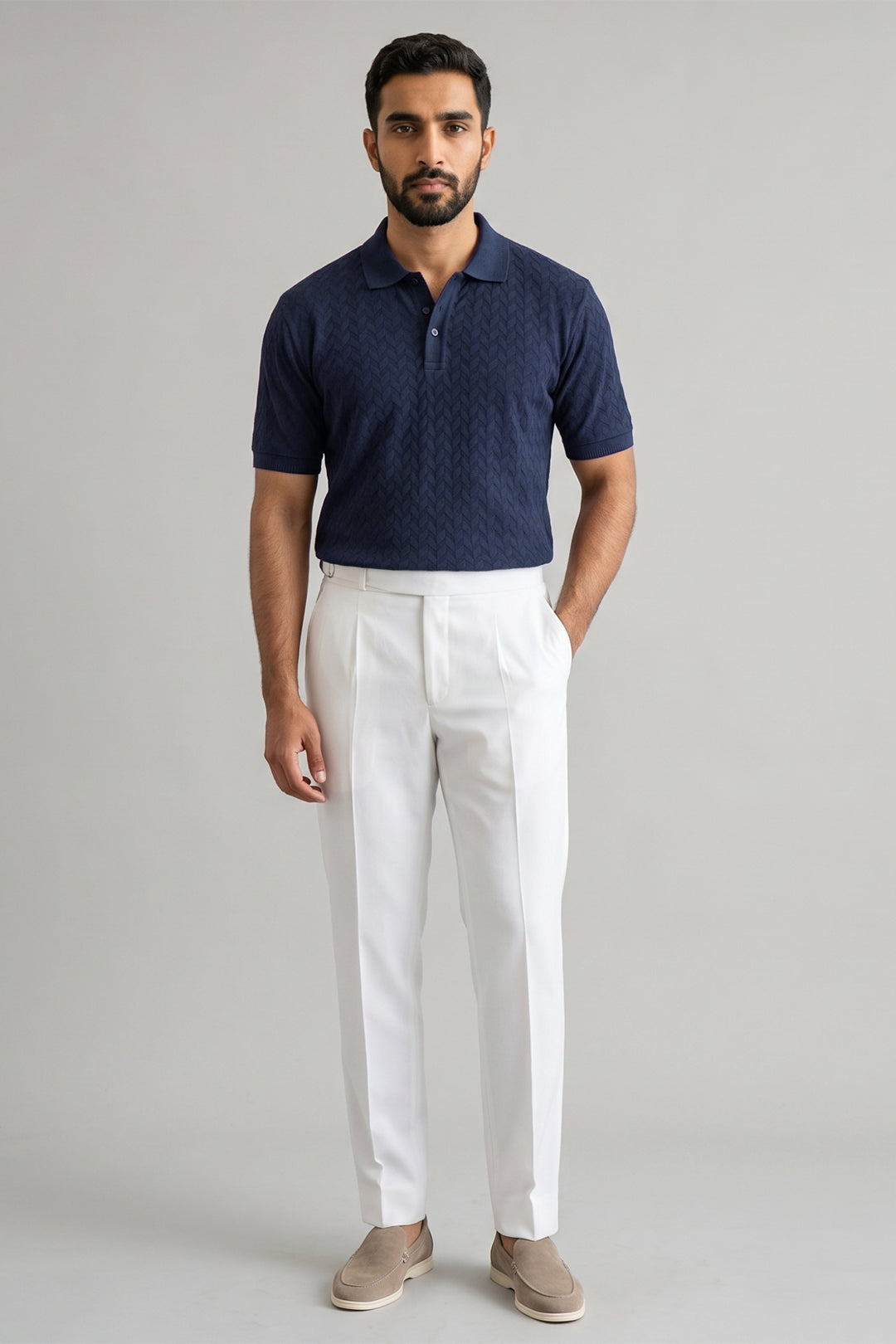 Ariser Deep Blue Polo T-shirt with Off White Gurkha Trouser.