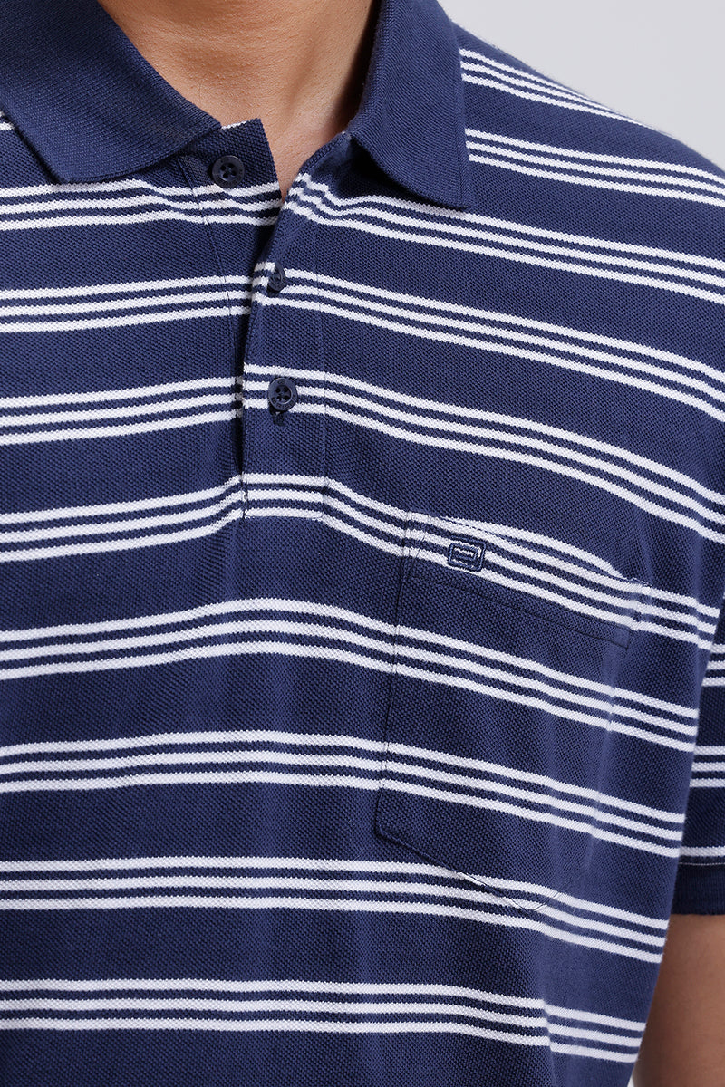 Navy and white striped polo shirt with a close-up on the collar and chest area.