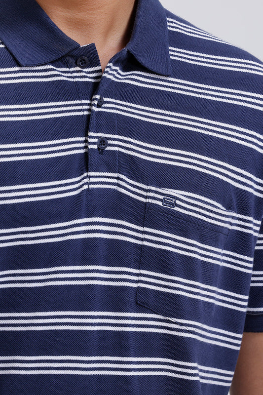 Navy and white striped polo shirt with a close-up on the collar and chest area.