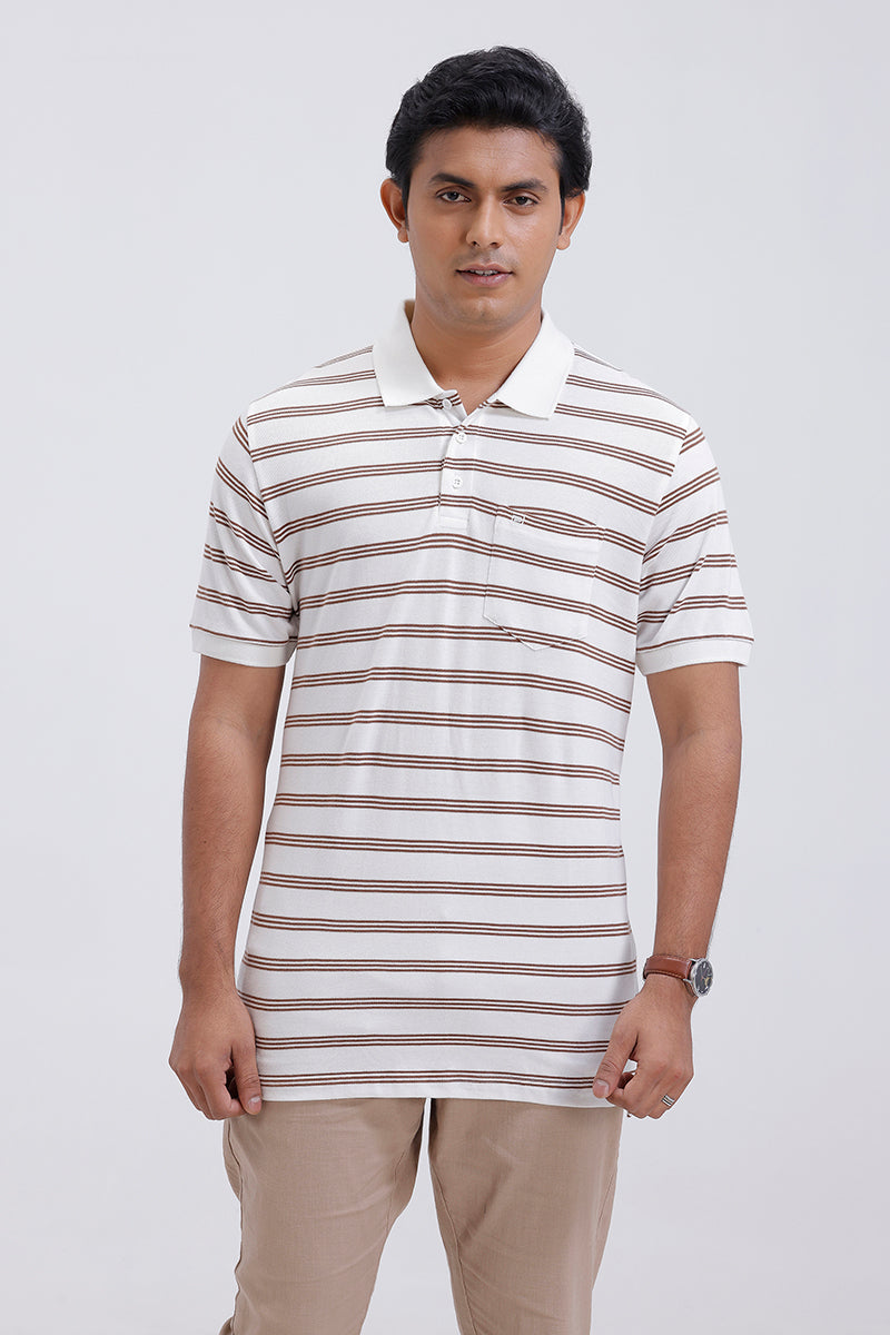 Ariser French Polo Ivory White Coffee Brown Stripes T-Shirt
