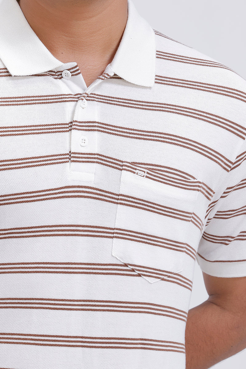 Ivory White Polo T-Shirt with Brown Stripes for Men
