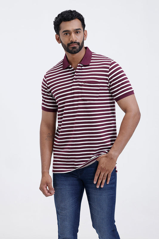 Ariser French Polo Maroon White Stripes T-Shirt for Men