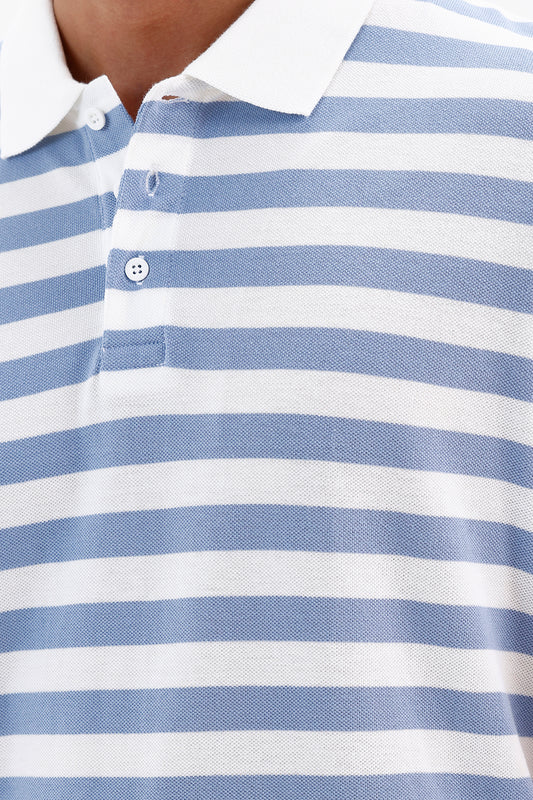 Frost Blue & White Stripes Polo T-Shirt for Men by French Polo