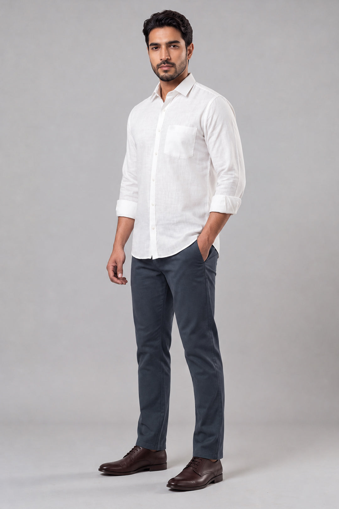 Classic Off White Shirt with Steel Blue Trousers for Men