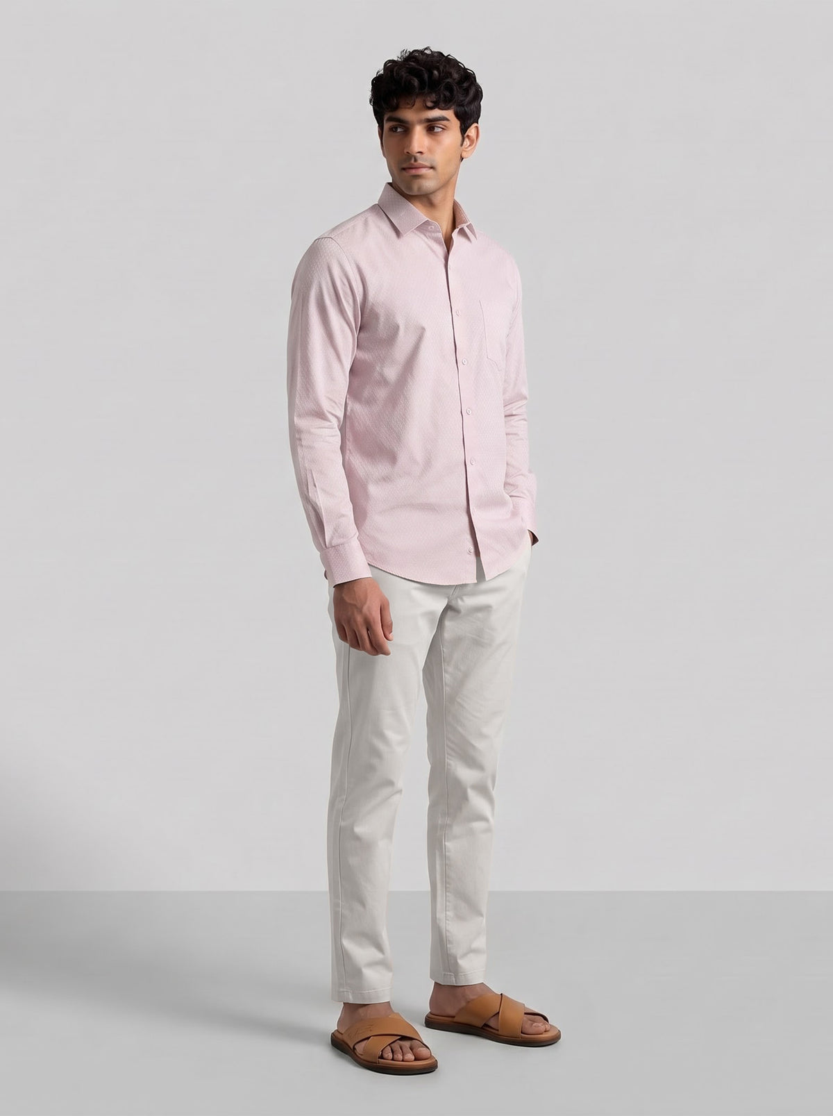 Classic Powder Pink Shirt with Beige Formal Trousers for Men
