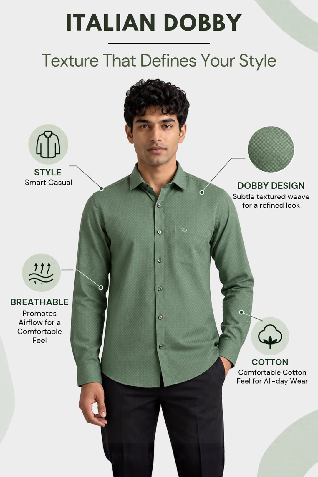 A man modeling a green long-sleeve button-up shirt with a subtle textured weave, presented on a light gray background with marketing text and icons highlighting features like style, breathability, and cotton quality.