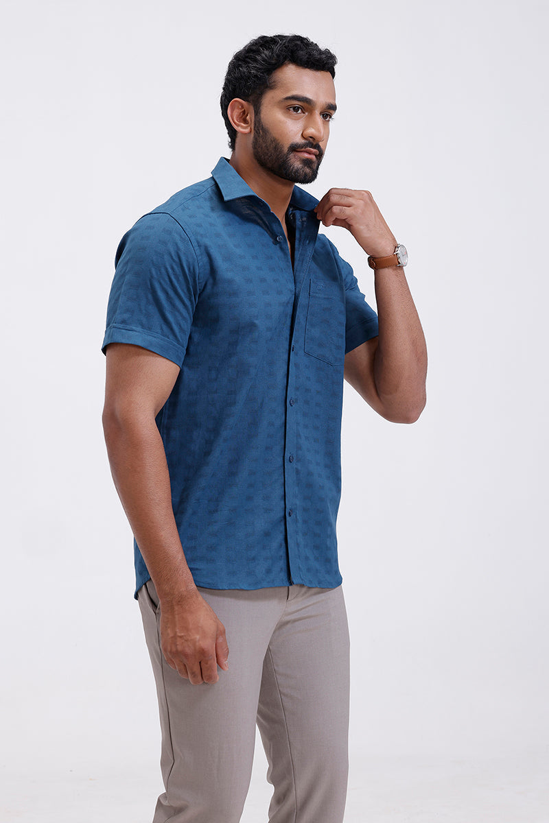 Deep steel blue Mexican dobby formal shirt for men