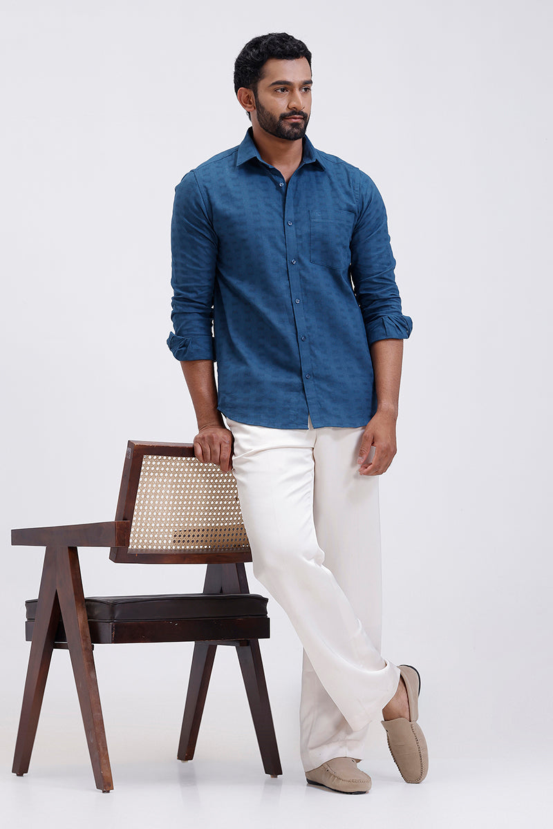 Formal wear deep steel blue embossed men’s shirt