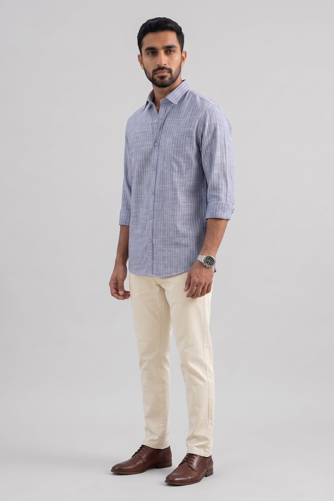 Classic Coastal Blue Shirt with Cream White Trousers for Men