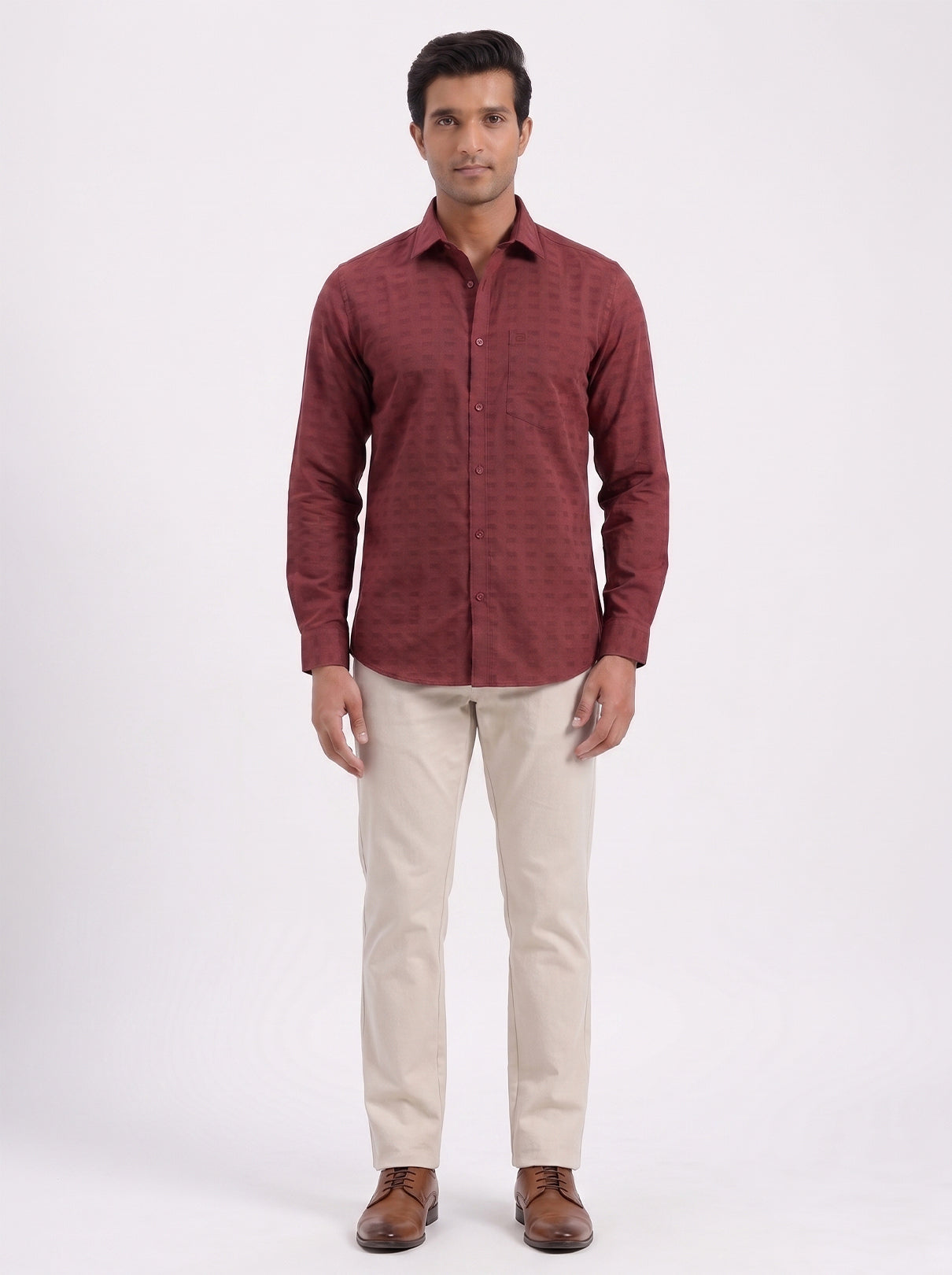 Deep Brick Red Shirt with Cream White Trouser Combo For Men