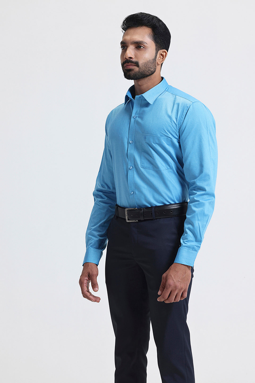 Modern electric blue formal shirt for men’s wardrobe