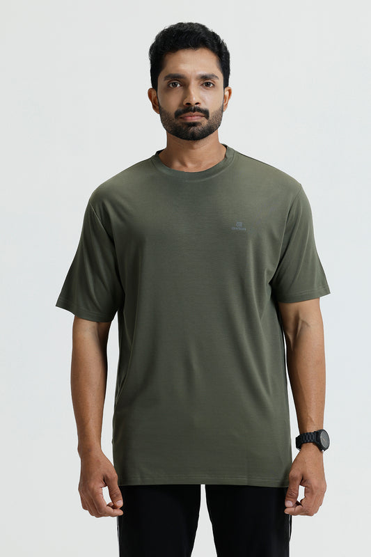 army green round neck solid T-shirt for men