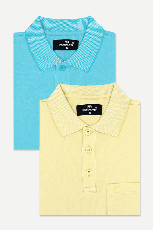 Golf Polo - Turquoise Blue and Pastel Yellow T-Shirts Pack Of 2 Combo For Men | Ariser