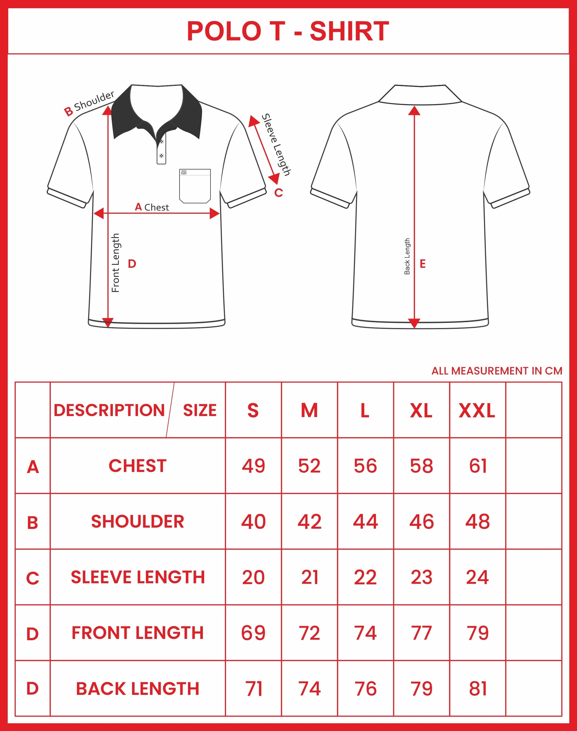 Measurement chart for a polo t-shirt with dimensions and size chart.