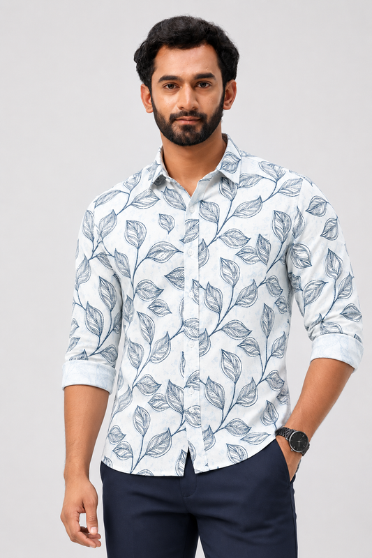 White shirt with blue leaf pattern