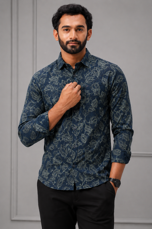 Dark blue shirt with leaf pattern