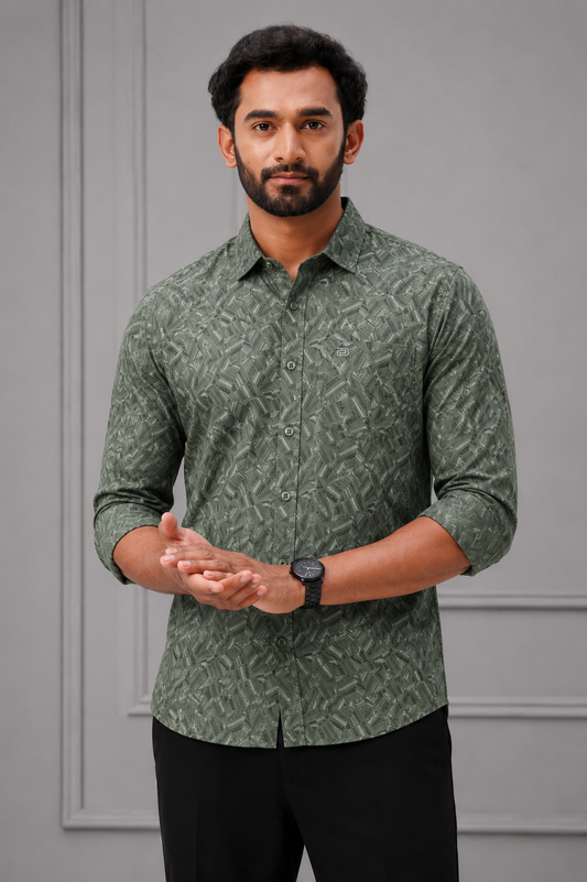 green patterned shirt