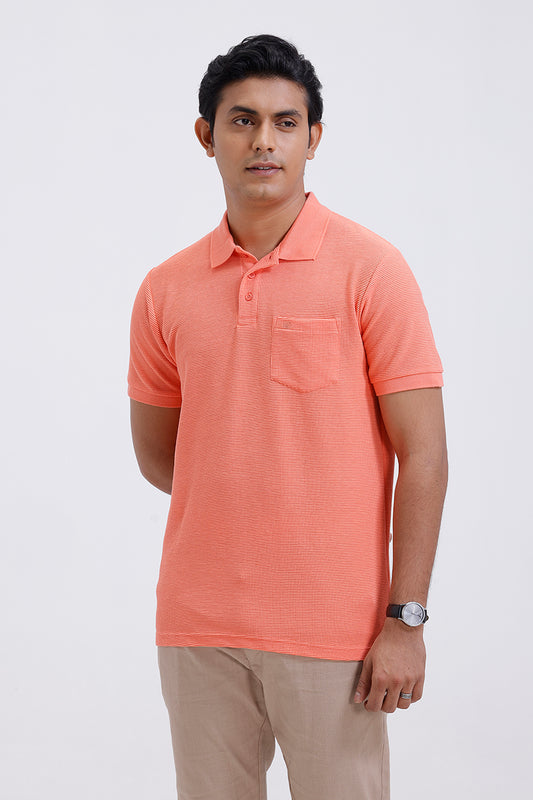Men peach waffle polo T-shirt back view