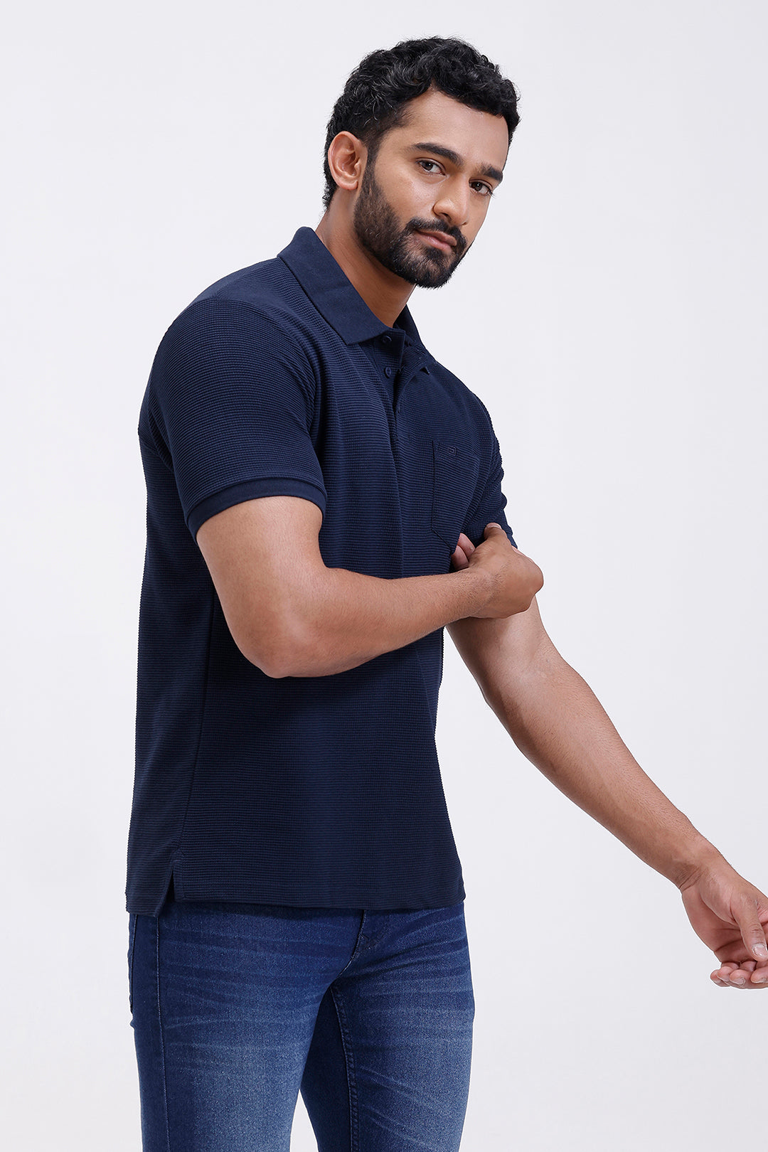 ariser men waffle knit classic navy blue polo t-shirt