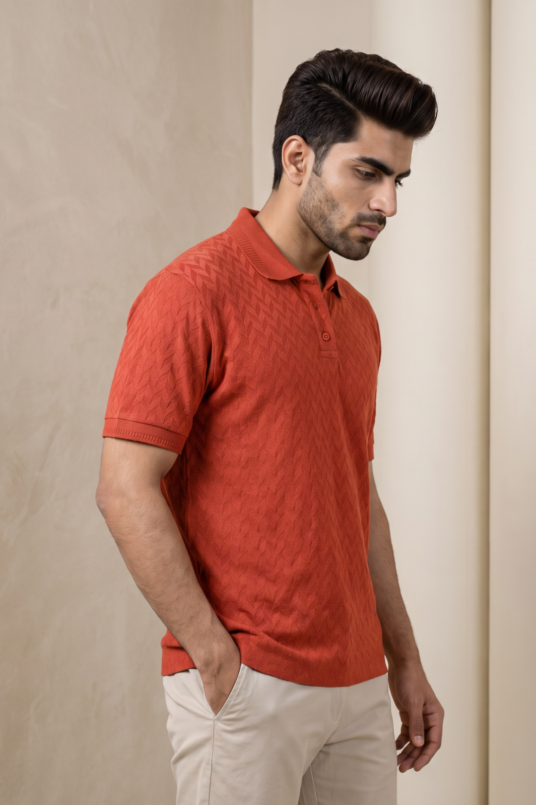 Close-up of Terra Red polo collar t-shirt for men