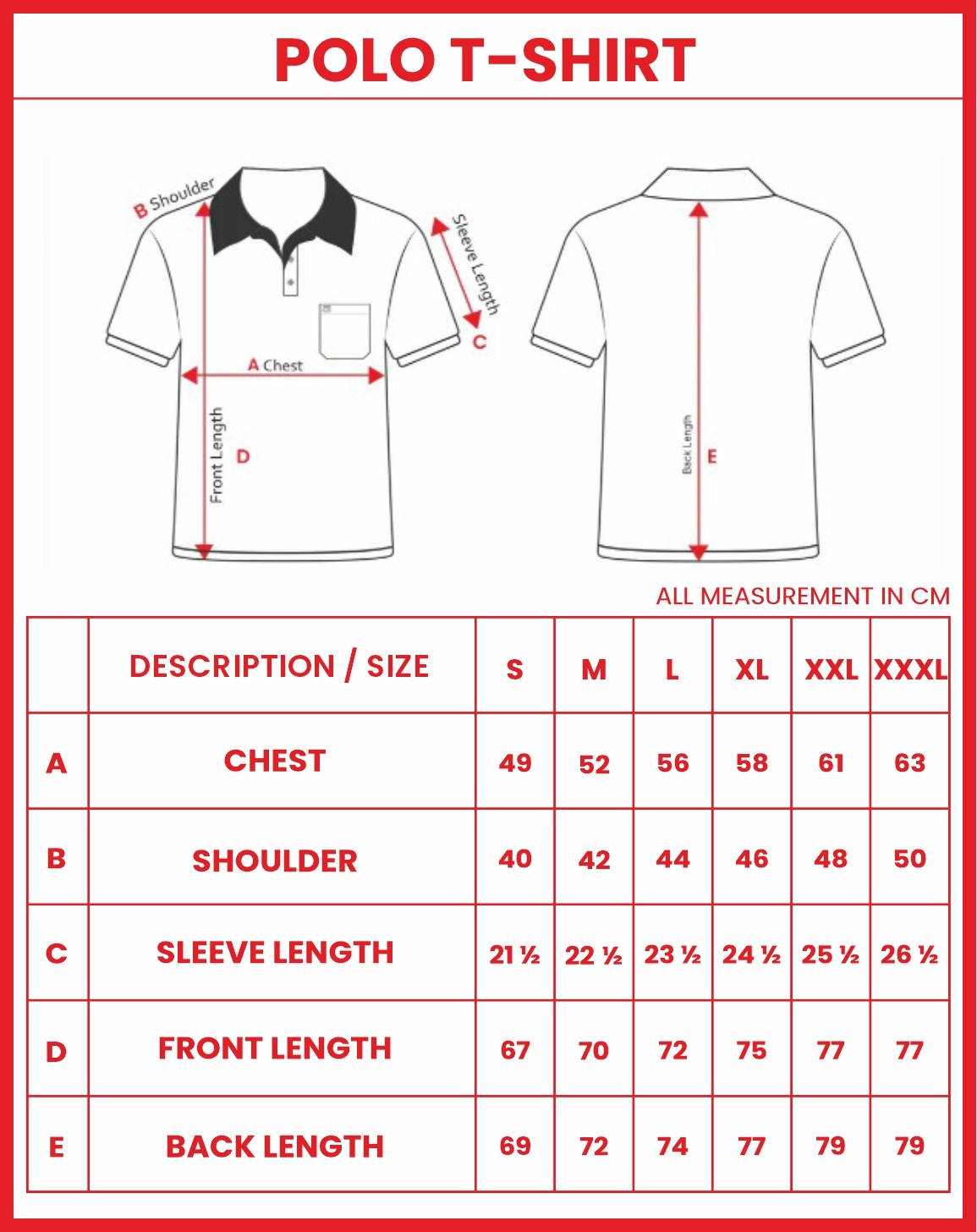 Measurement chart for a polo t-shirt with dimensions and size chart.