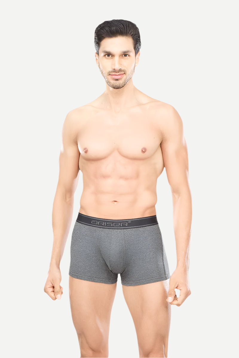 Man wearing gray boxer briefs on a white background